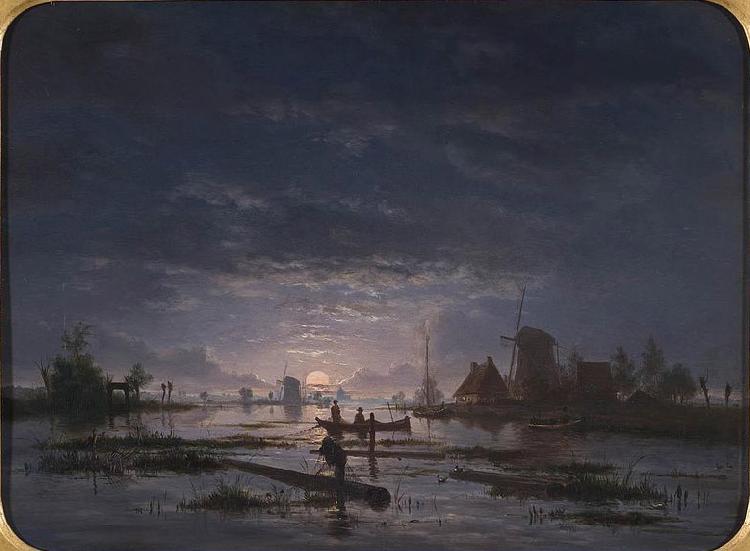 Jacob Abels An Extensive River Scene with Fishermen at Night Sweden oil painting art